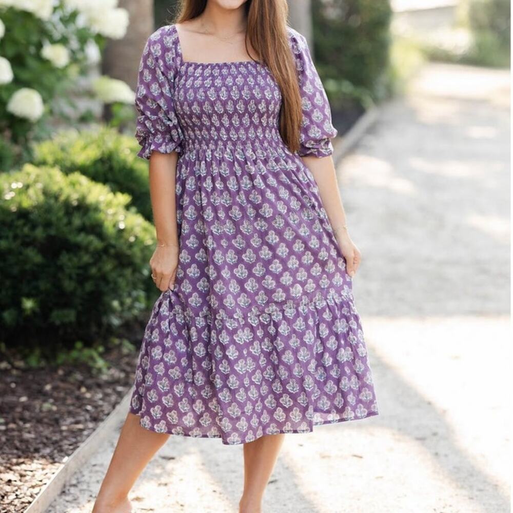 Victoria Dunn Sweet Carolina Smocked Puff Sleeve Midi Dress Size 2XL Block Print